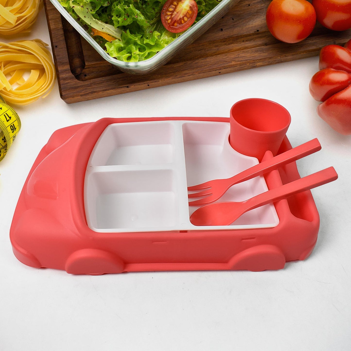 Kids Car Lunch Box Set – 4 Pcs Dinnerware & Suction Plate | Lunchie Bunchie