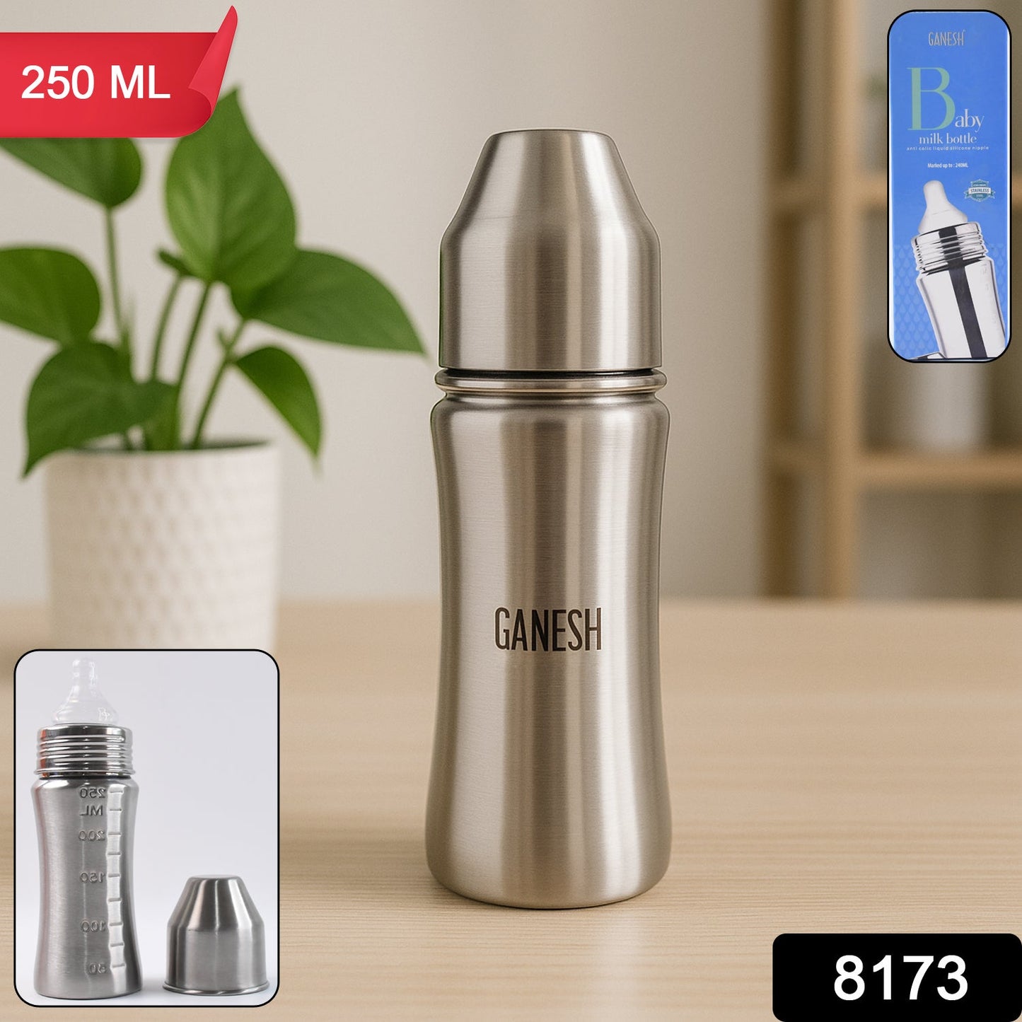 Ganesh Stainless Steel Baby Bottle – 250ml Anti-Colic Nipple