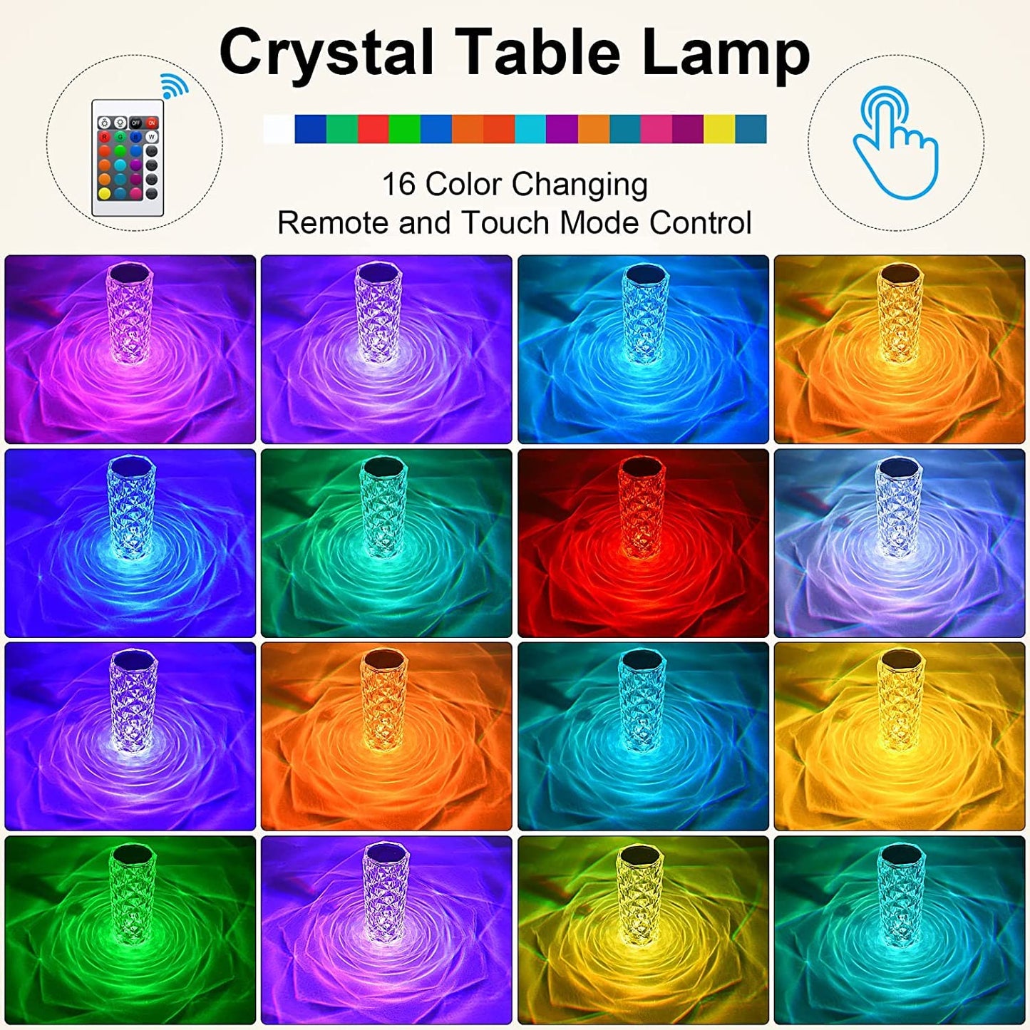 Crystal Touch Lamp – 16-Color Rose Diamond LED Table Light | Styleva