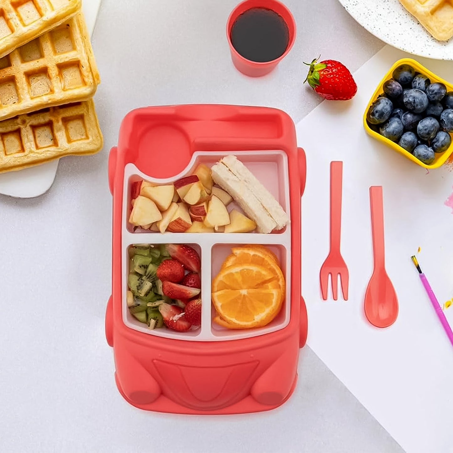 Kids Car Lunch Box Set – 4 Pcs Dinnerware & Suction Plate | Lunchie Bunchie