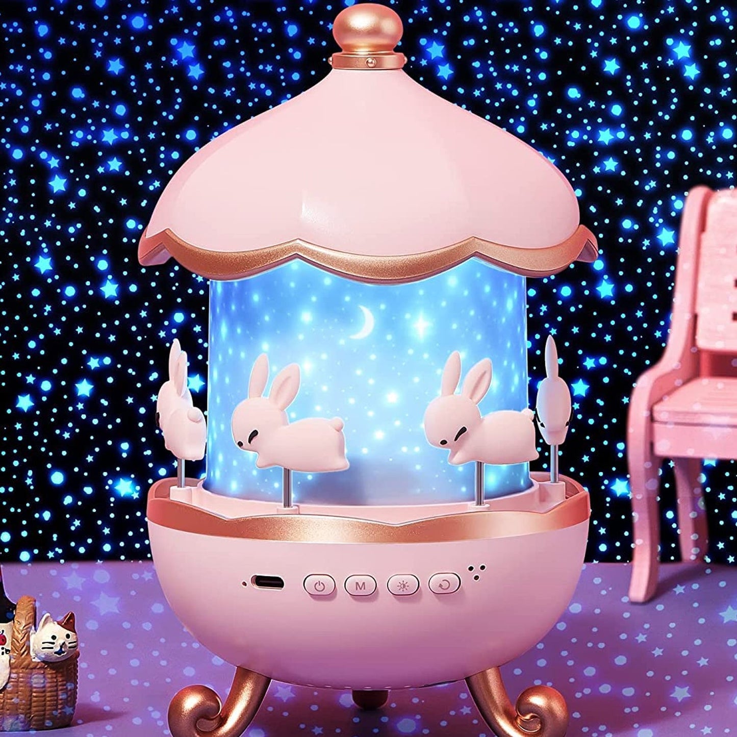 LED Rotating Night Light – Bunny Carousel with Starry Projection