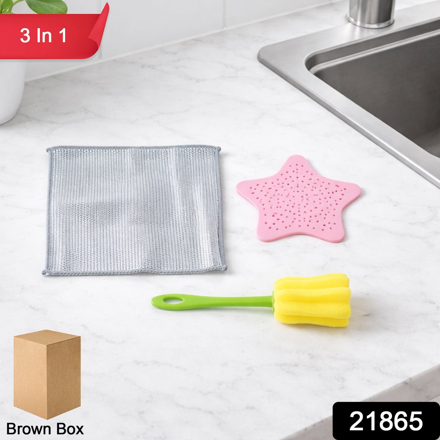Kitchen Cleaning Set – 3-in-1 Combo with Scrub Pad & Bottle Brush