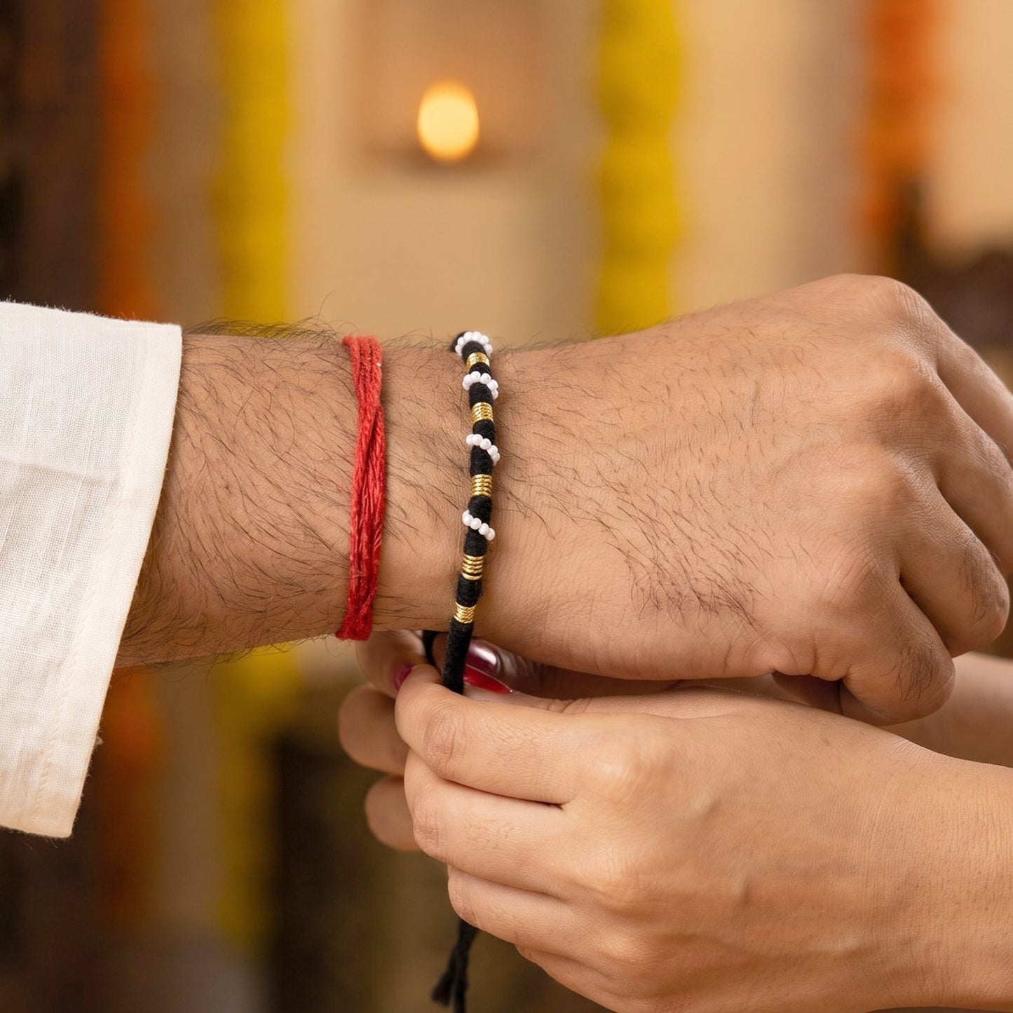 Handmade Pearl Beaded Rakhi – Traditional Ethnic Thread for Festivities