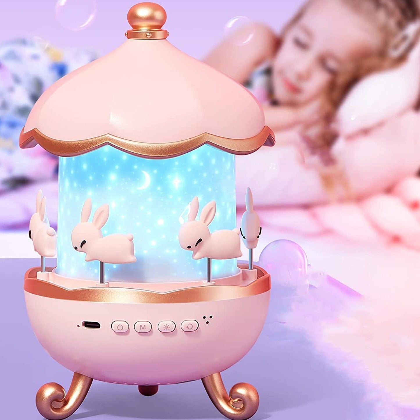 LED Rotating Night Light – Bunny Carousel with Starry Projection
