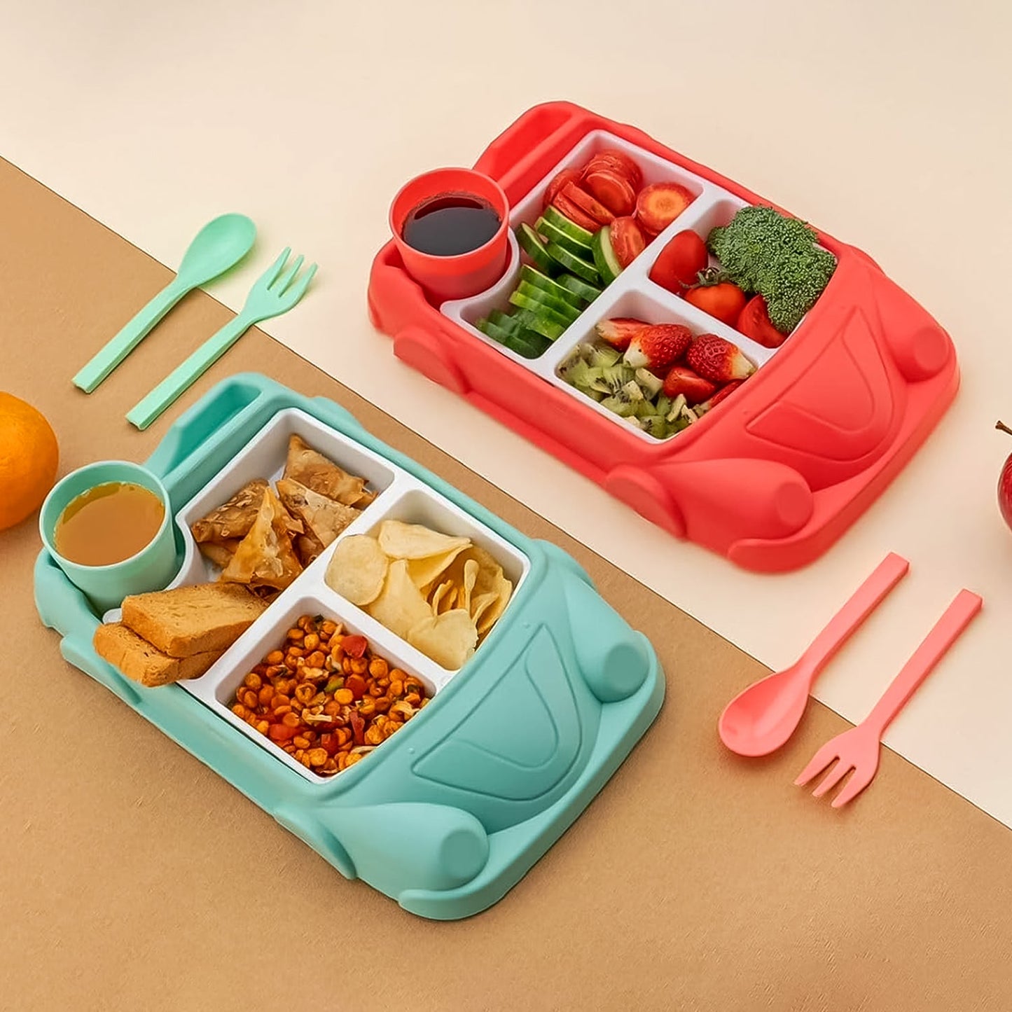 Kids Car Lunch Box Set – 4 Pcs Dinnerware & Suction Plate | Lunchie Bunchie