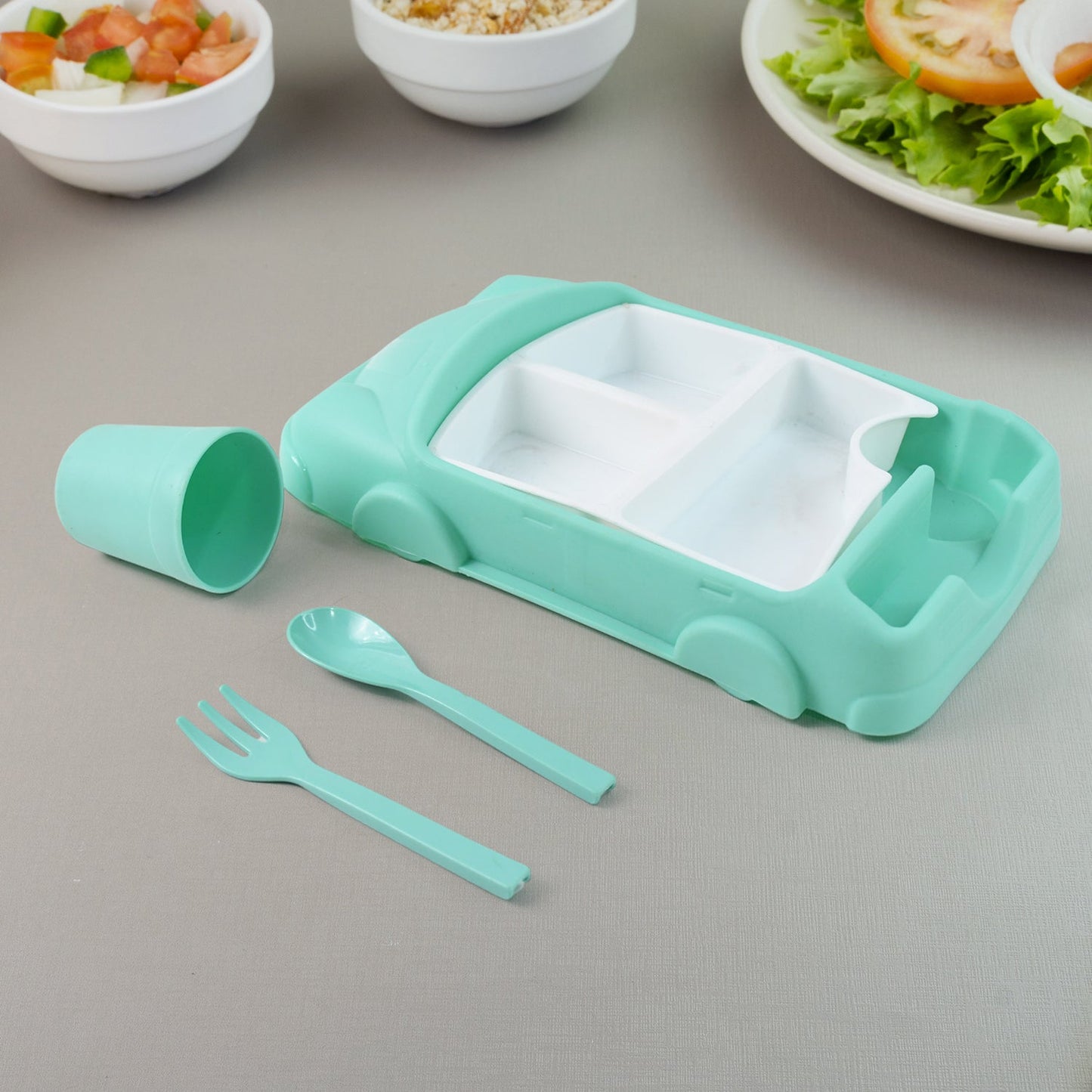 Kids Car Lunch Box Set – 4 Pcs Dinnerware & Suction Plate | Lunchie Bunchie
