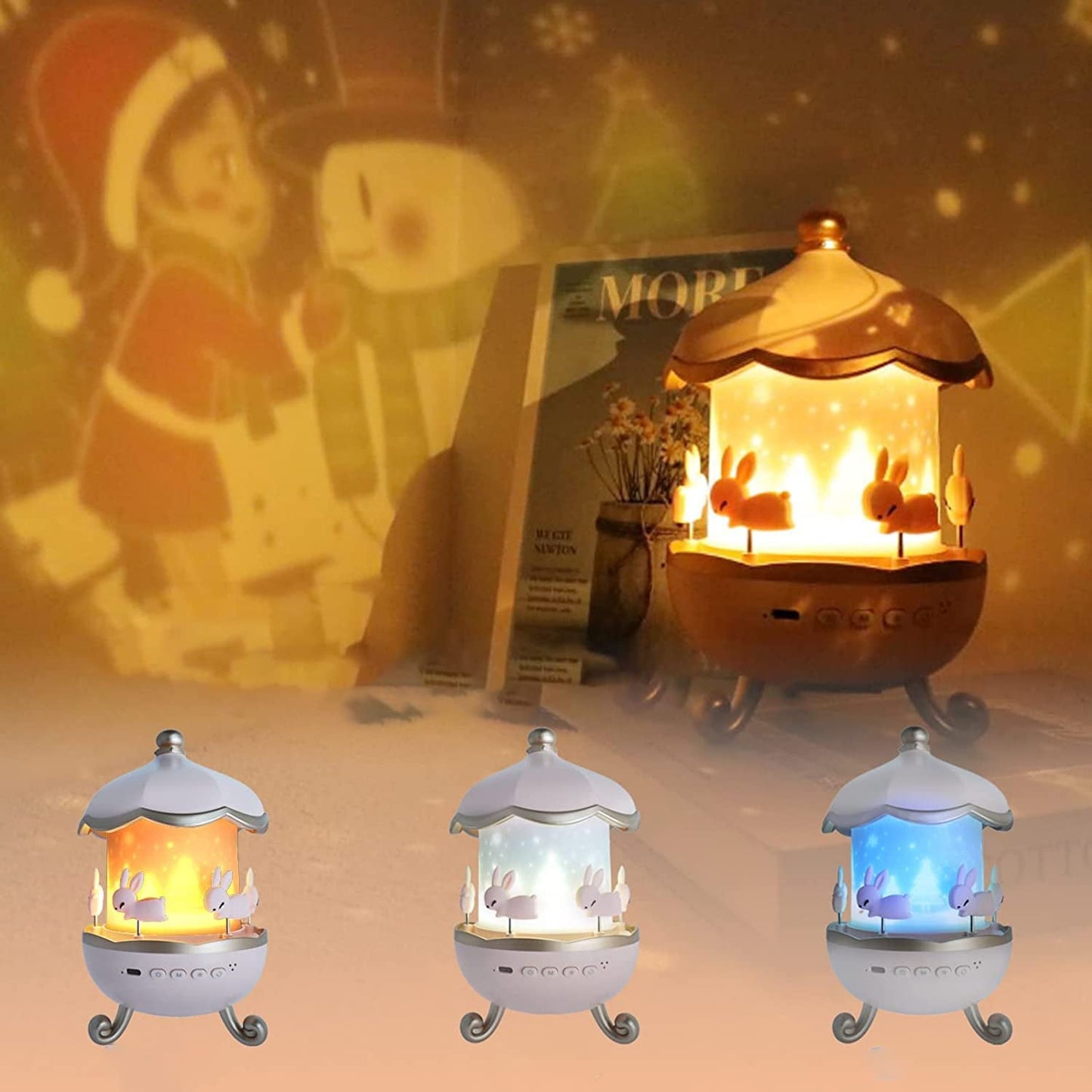 LED Rotating Night Light – Bunny Carousel with Starry Projection