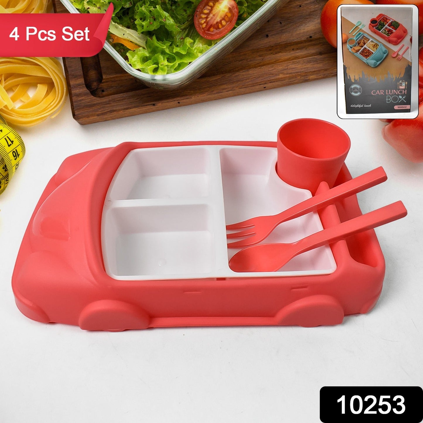 Kids Car Lunch Box Set – 4 Pcs Dinnerware & Suction Plate | Lunchie Bunchie