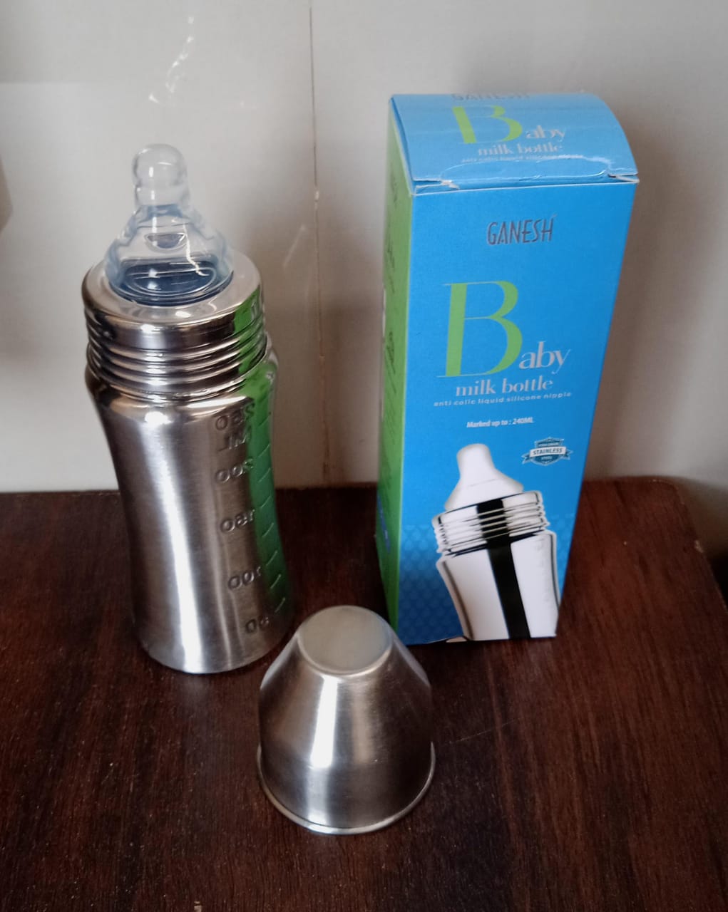 Ganesh Stainless Steel Baby Bottle – 250ml Anti-Colic Nipple