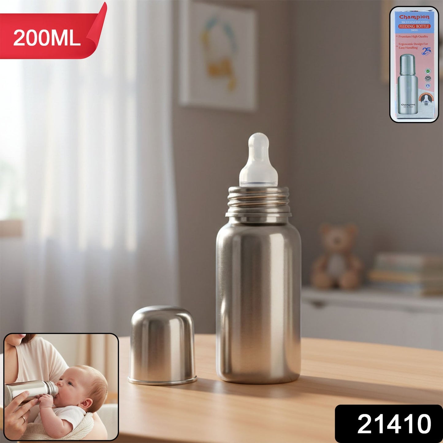 Stainless Steel Baby Feeding Bottle 200ml – Leakproof & Durable