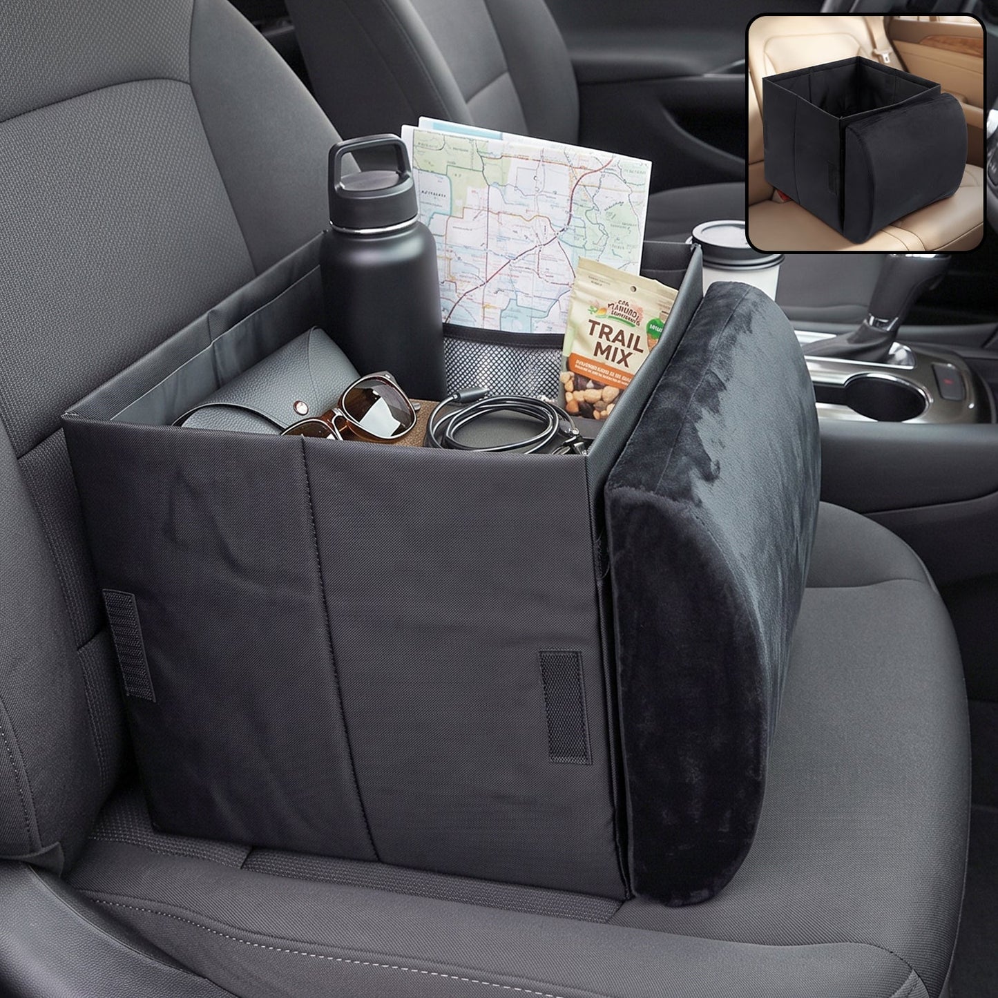 Foldable Car Organizer Box, Front Seat Storage with Fold-Out Armrest Cushion (1 Pc)