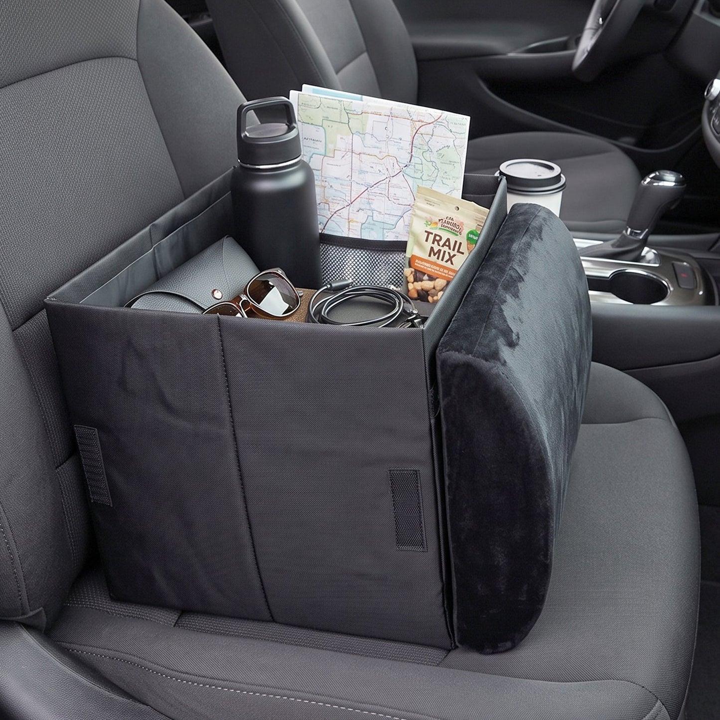 Foldable Car Organizer Box, Front Seat Storage with Fold-Out Armrest Cushion (1 Pc)