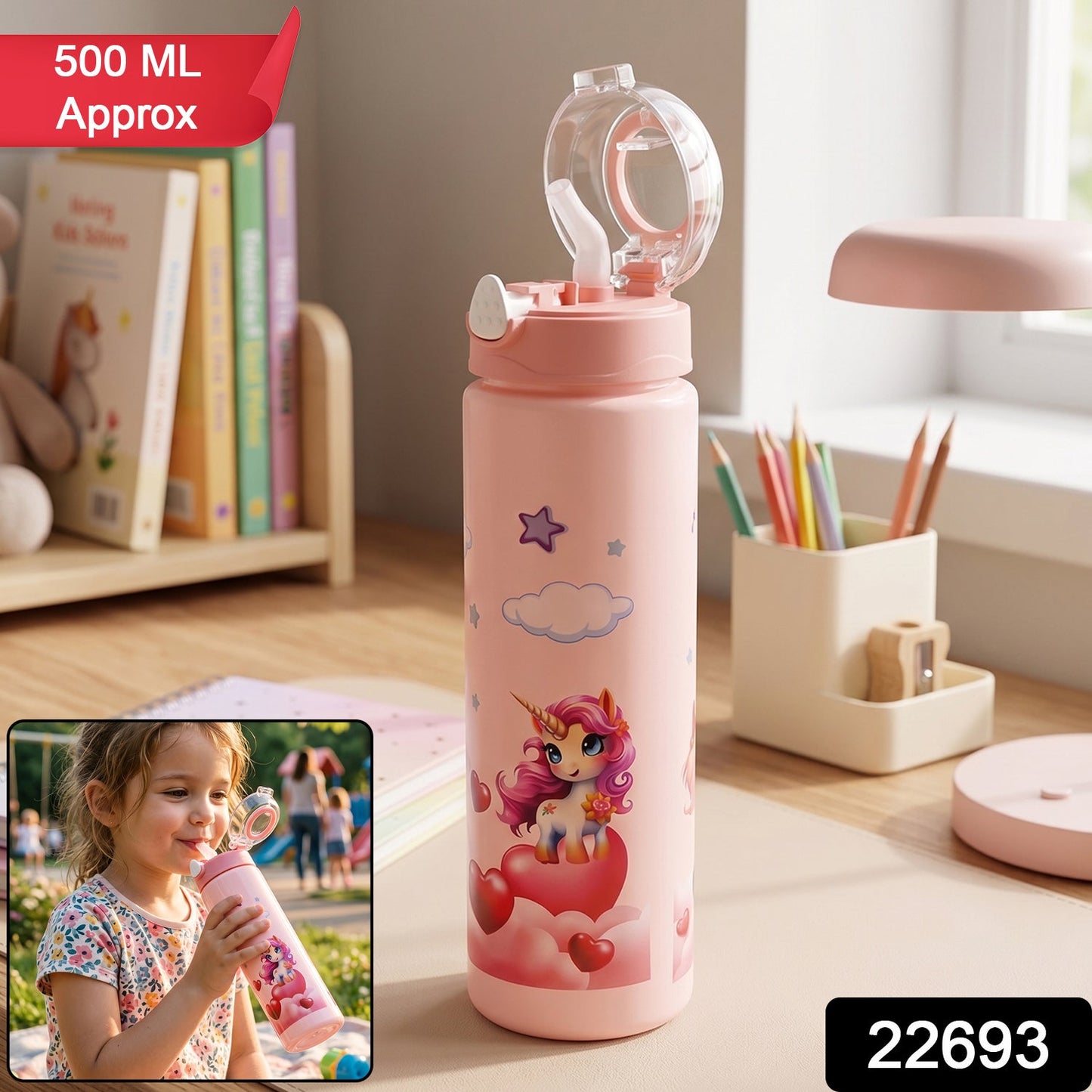 Kids Water Bottle – Fun Design with Flip Straw Lid for Easy Drinking