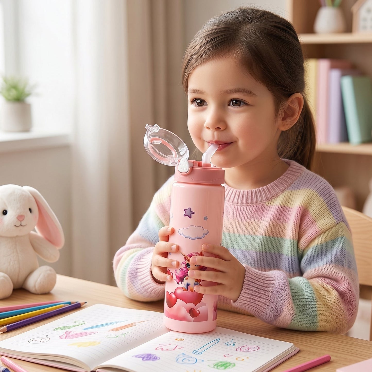 Kids Water Bottle – Fun Design with Flip Straw Lid for Easy Drinking