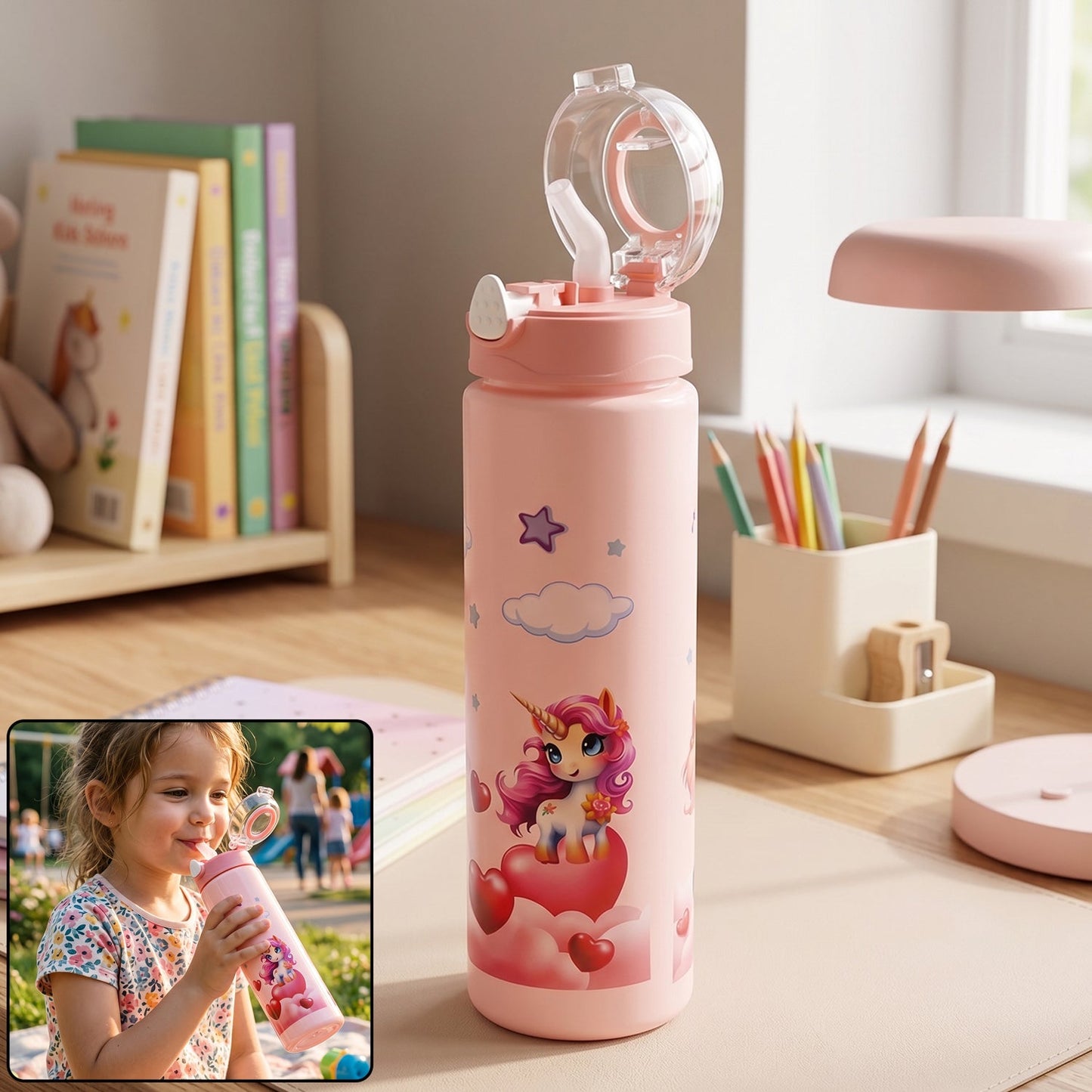 Kids Water Bottle – Fun Design with Flip Straw Lid for Easy Drinking