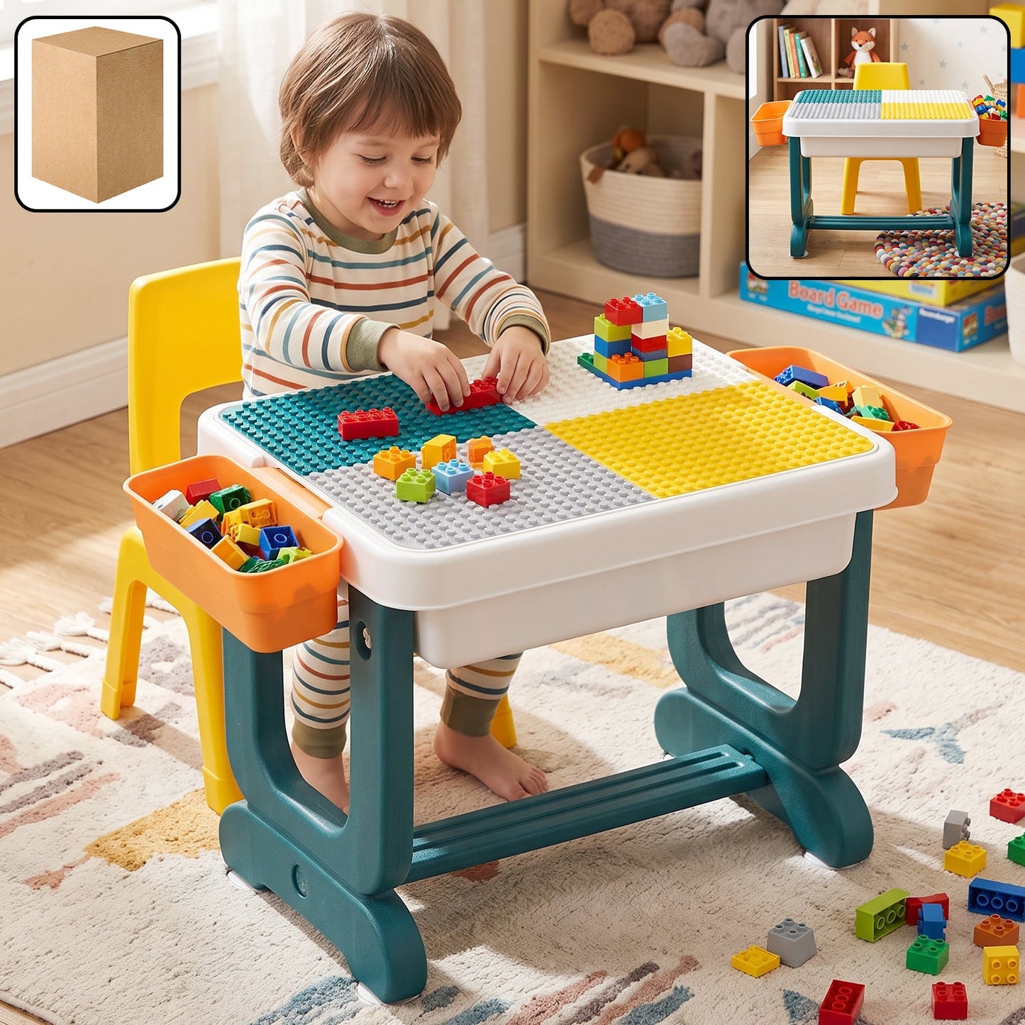Kids Building Block Activity Table and Chair Set with Storage Bins, STUDY TABLE (2 Pc Set)