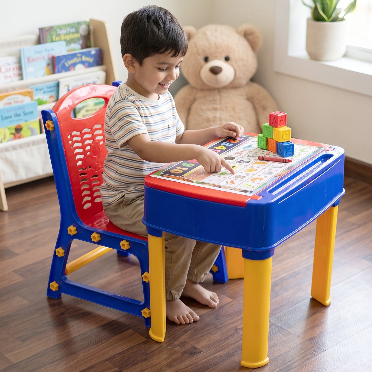 2 in 1 Plastic Kids Study Table and Chair Set with Learning Board (2 Pc Set)