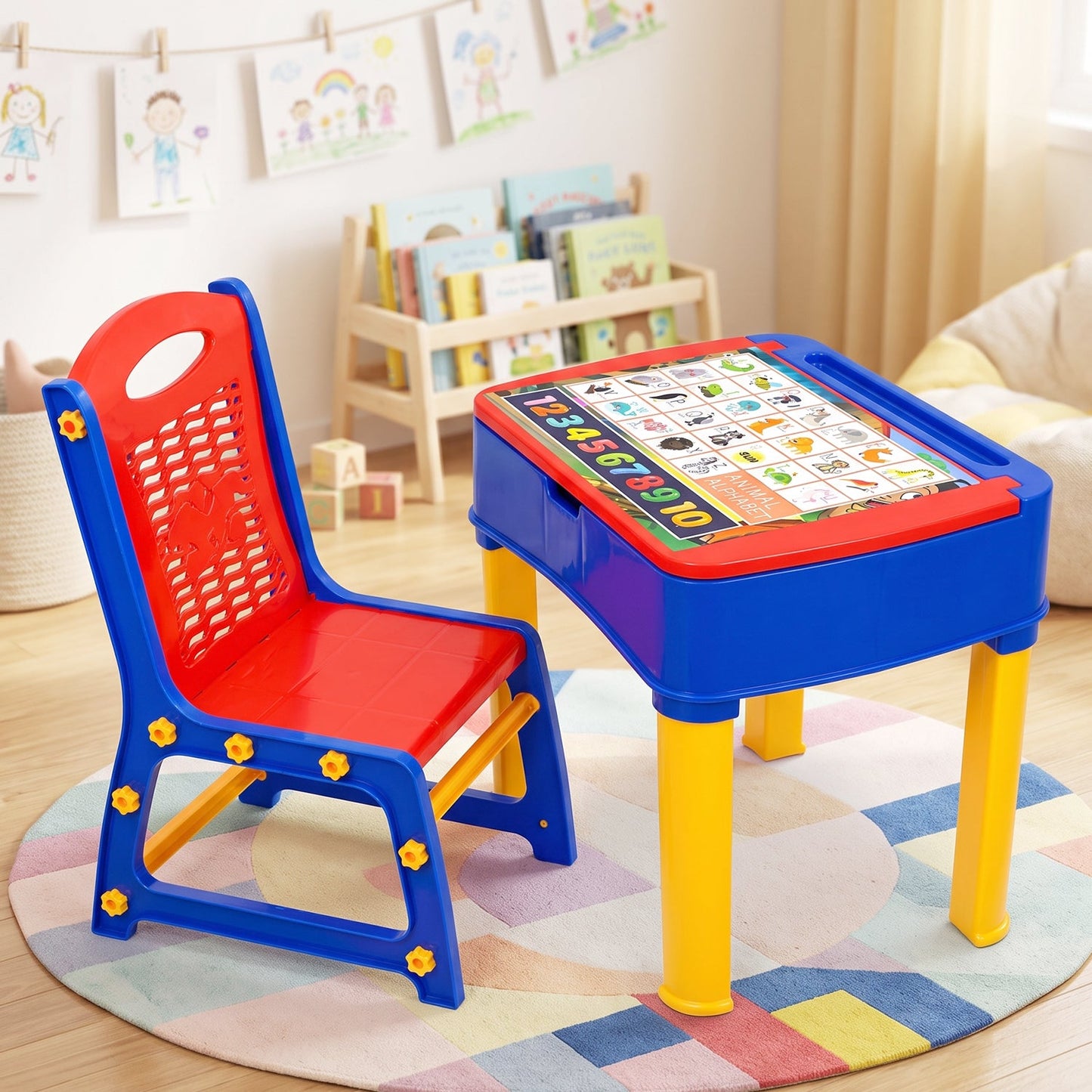2 in 1 Plastic Kids Study Table and Chair Set with Learning Board (2 Pc Set)