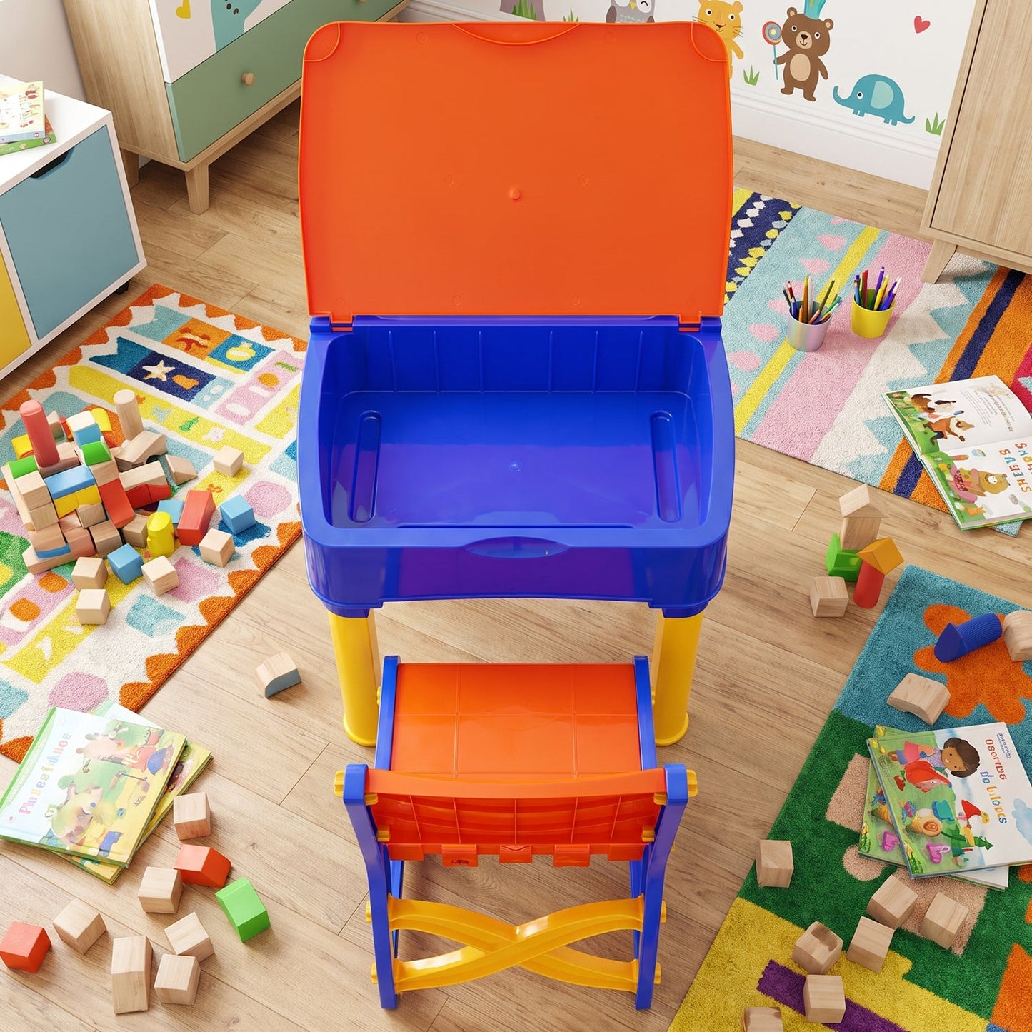 2 in 1 Plastic Kids Study Table and Chair Set with Learning Board (2 Pc Set)