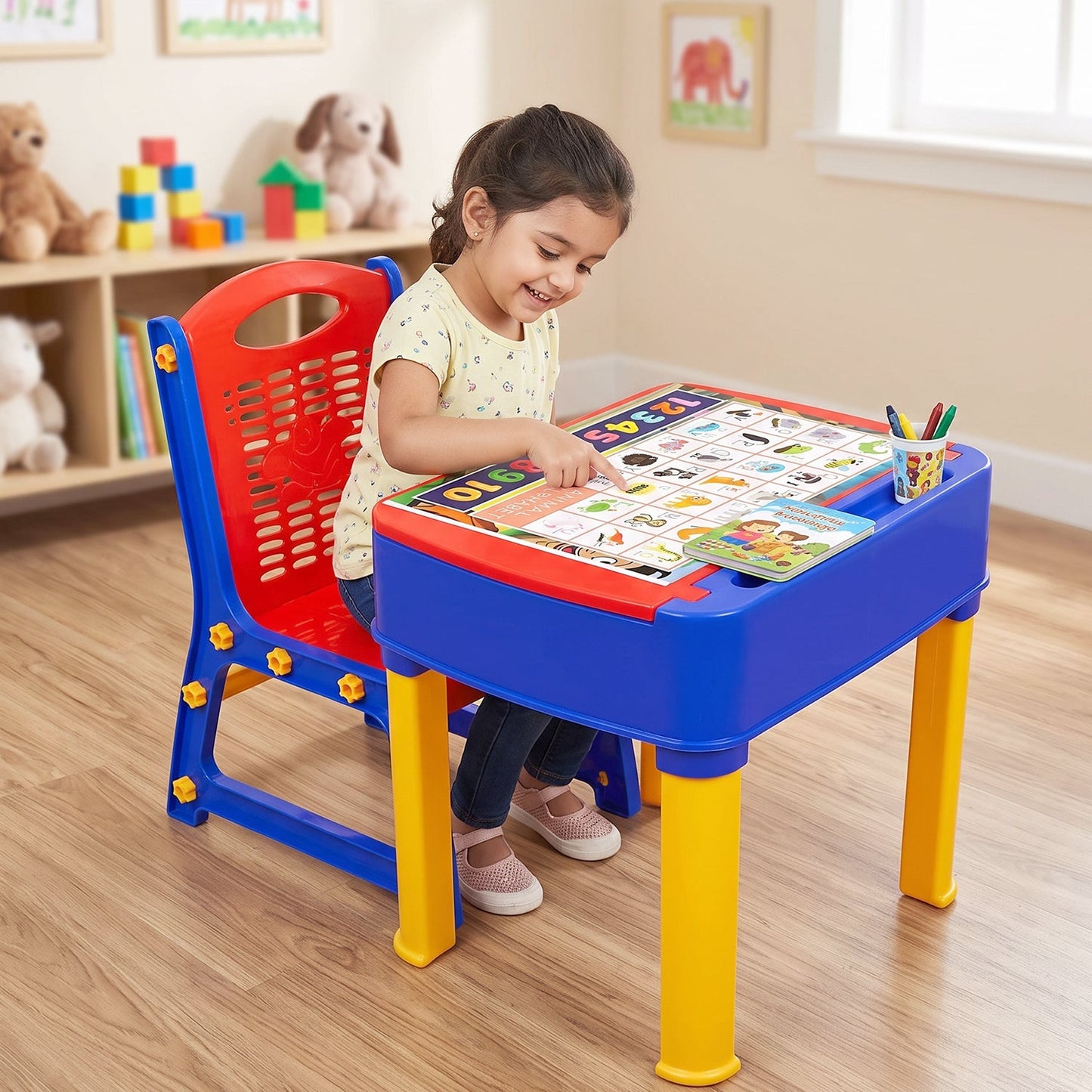 2 in 1 Plastic Kids Study Table and Chair Set with Learning Board (2 Pc Set)