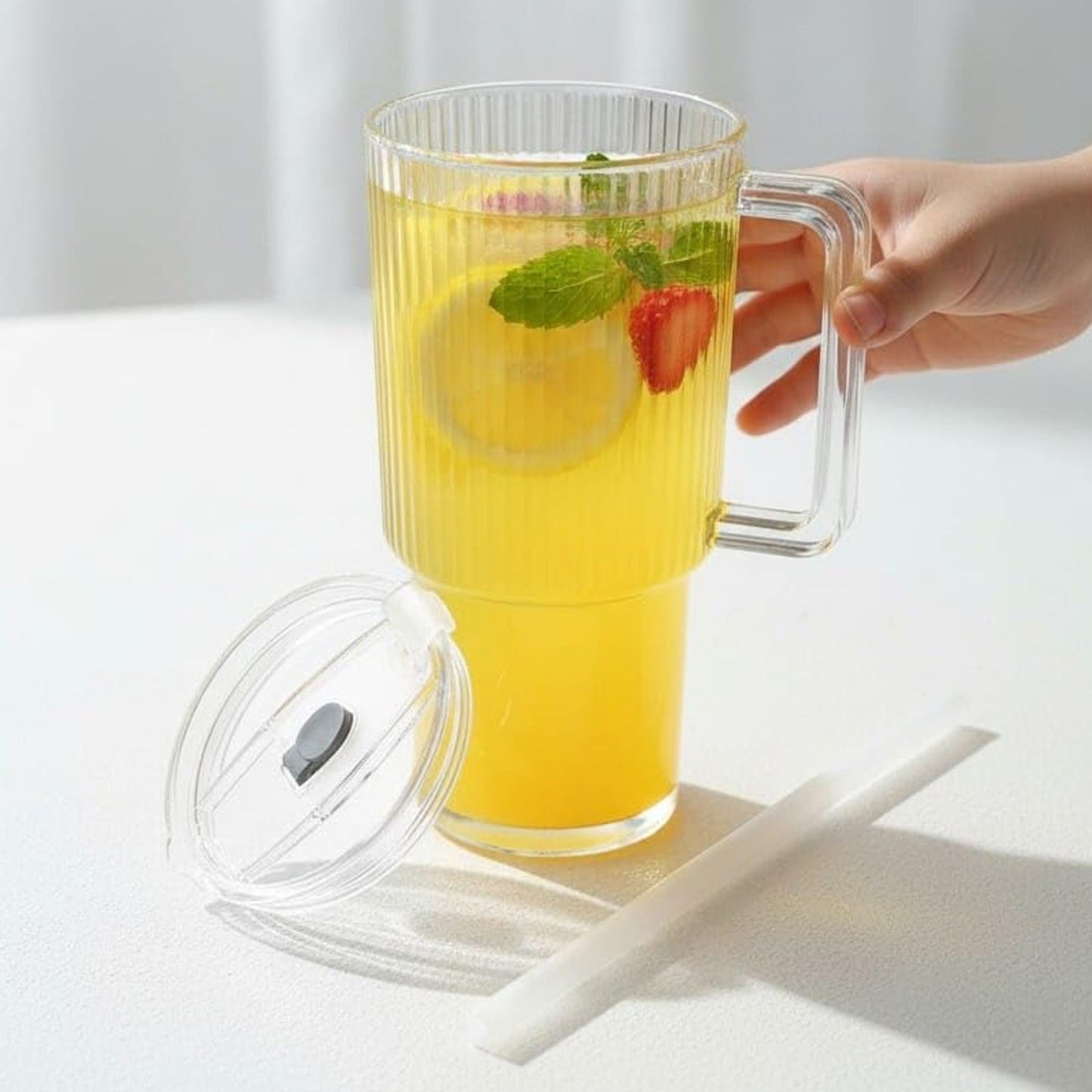 Kids Tumbler 900ml with Handle Lid and Straw Ribbed Water Sipper Cu...