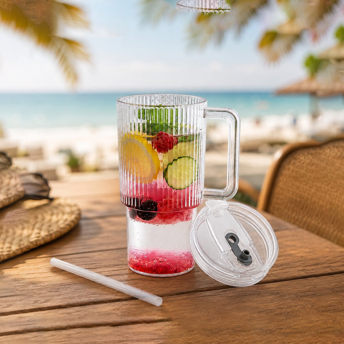Kids Tumbler 900ml with Handle Lid and Straw Ribbed Water Sipper Cu...