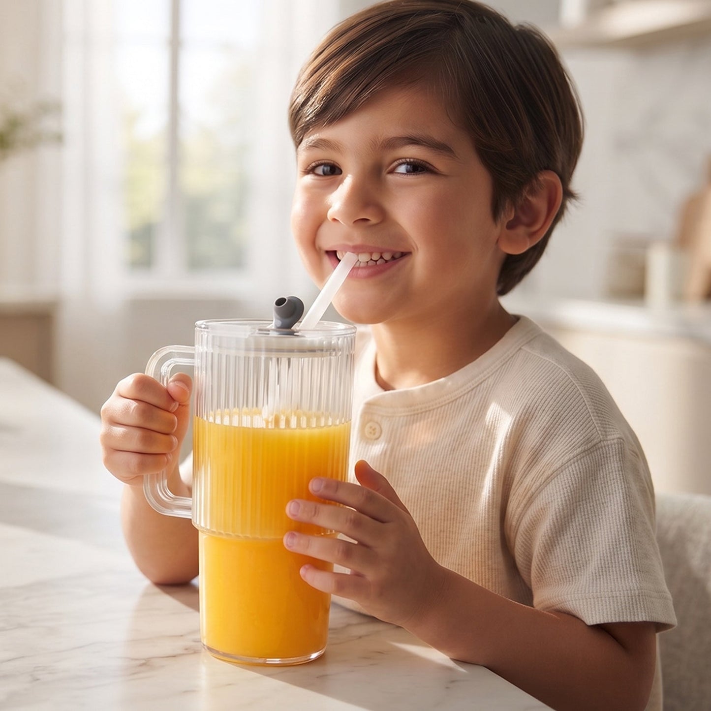 Kids Tumbler 900ml with Handle Lid and Straw Ribbed Water Sipper Cu...