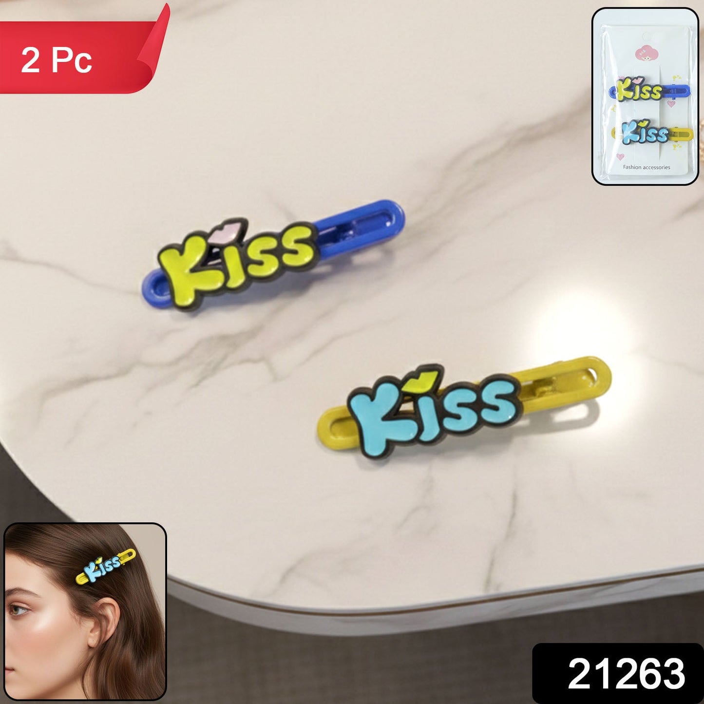Kiss Text Hair Clip Set – Cute & Playful 2-Piece Snap Clips