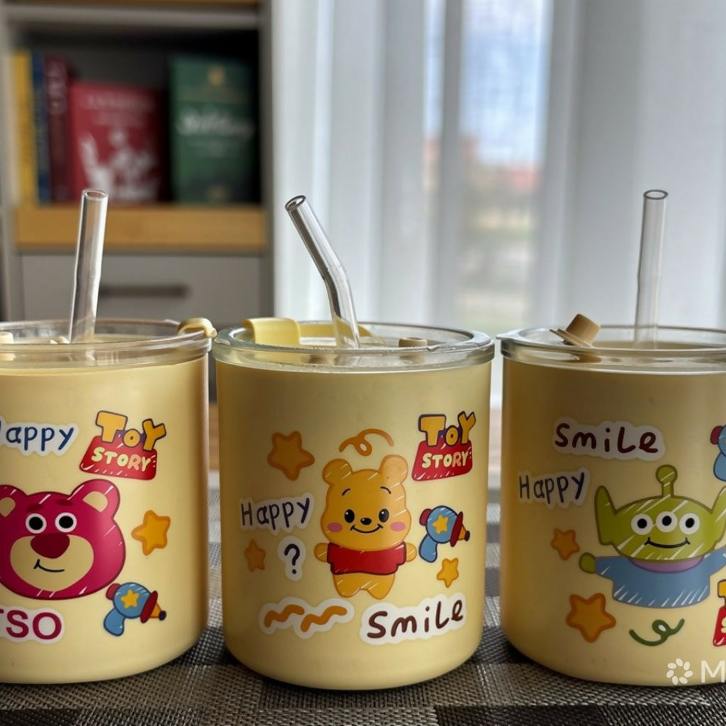 Cartoon Glass Tumbler – Cute Printed Drinking Cup with Straw