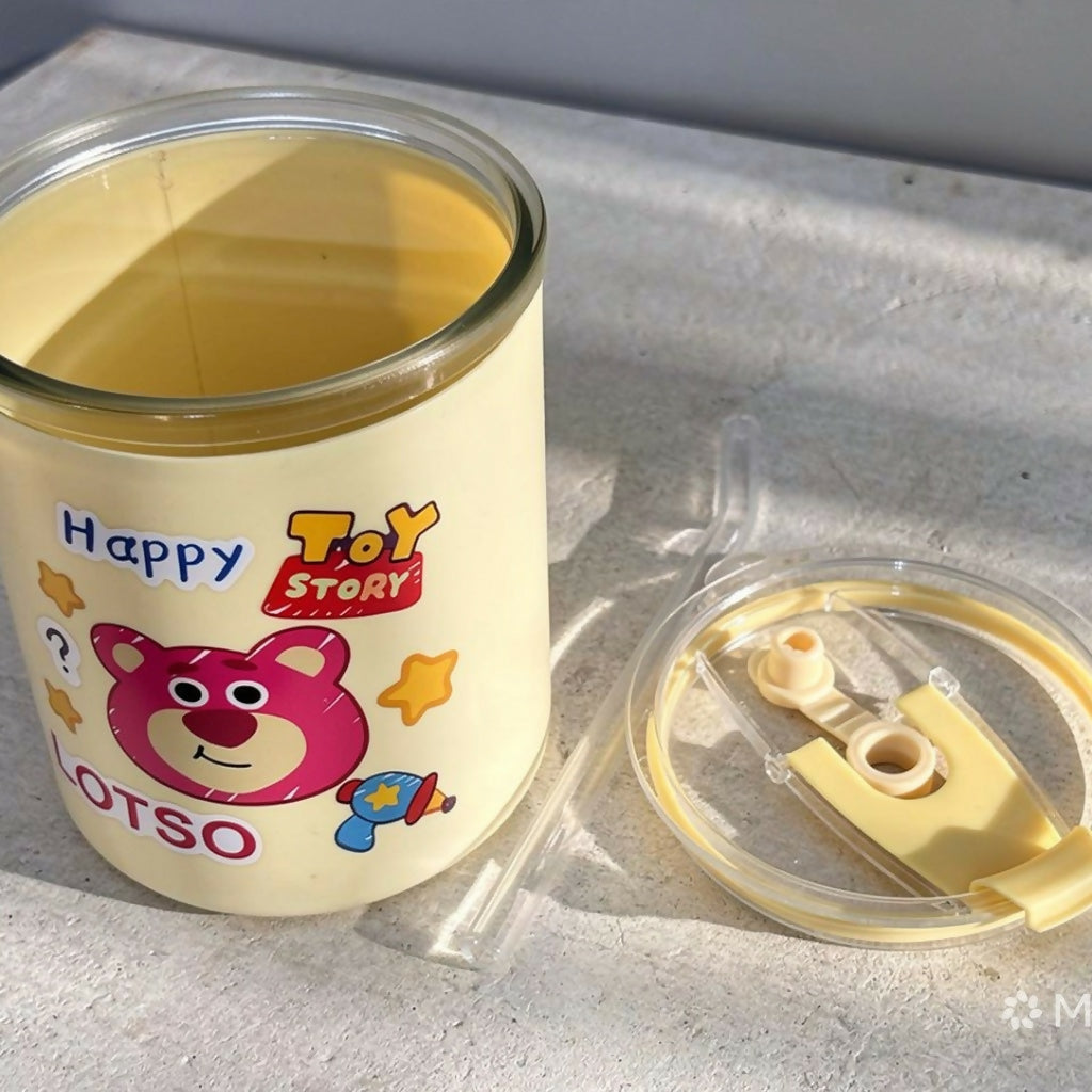 Cartoon Glass Tumbler – Cute Printed Drinking Cup with Straw