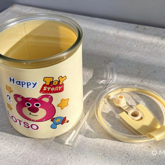 Cartoon Glass Tumbler – Cute Printed Drinking Cup with Straw