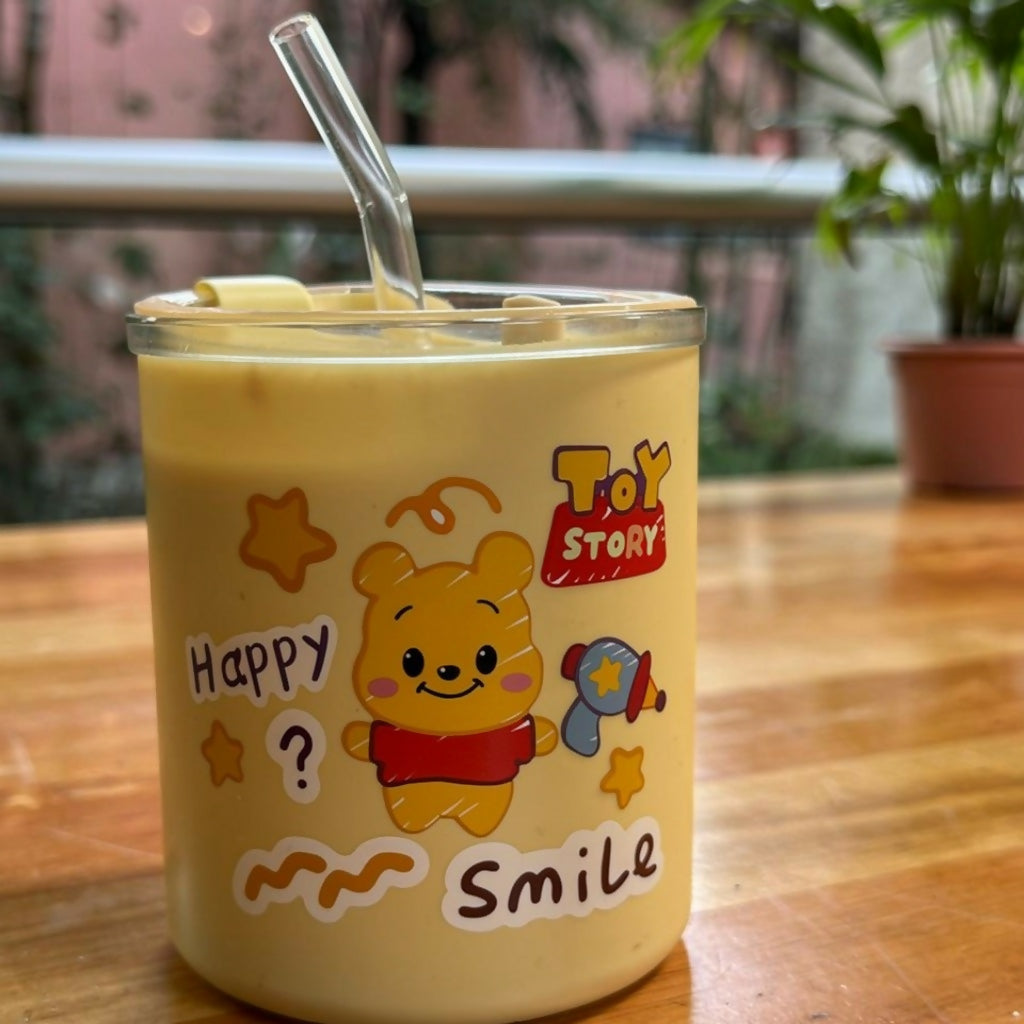 Cartoon Glass Tumbler – Cute Printed Drinking Cup with Straw