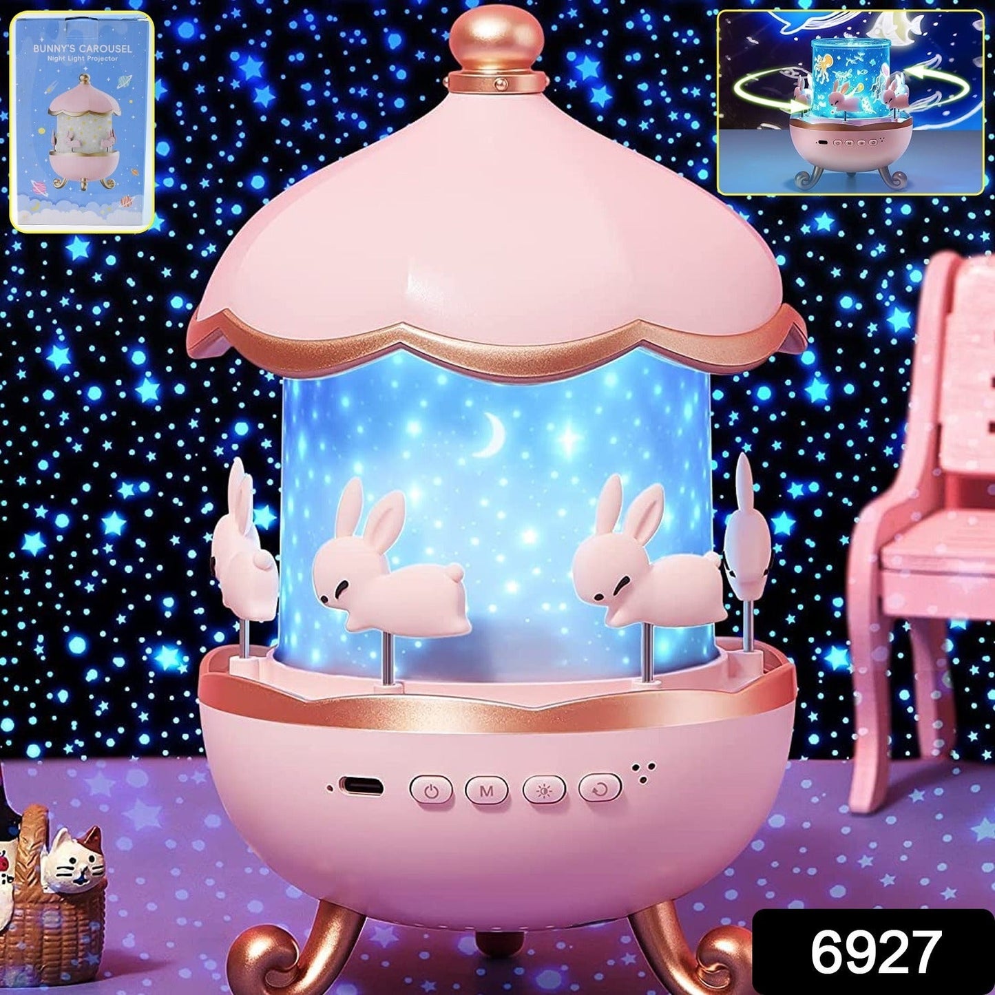 LED Rotating Night Light – Bunny Carousel with Starry Projection