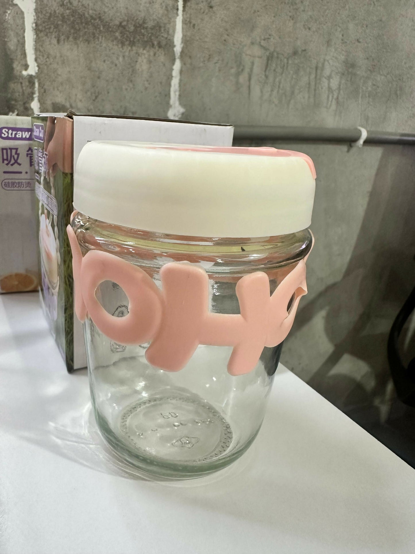 Pastel Pink Glass Milk Jar – Leakproof Lid & Reusable Straw for Stylish Sips