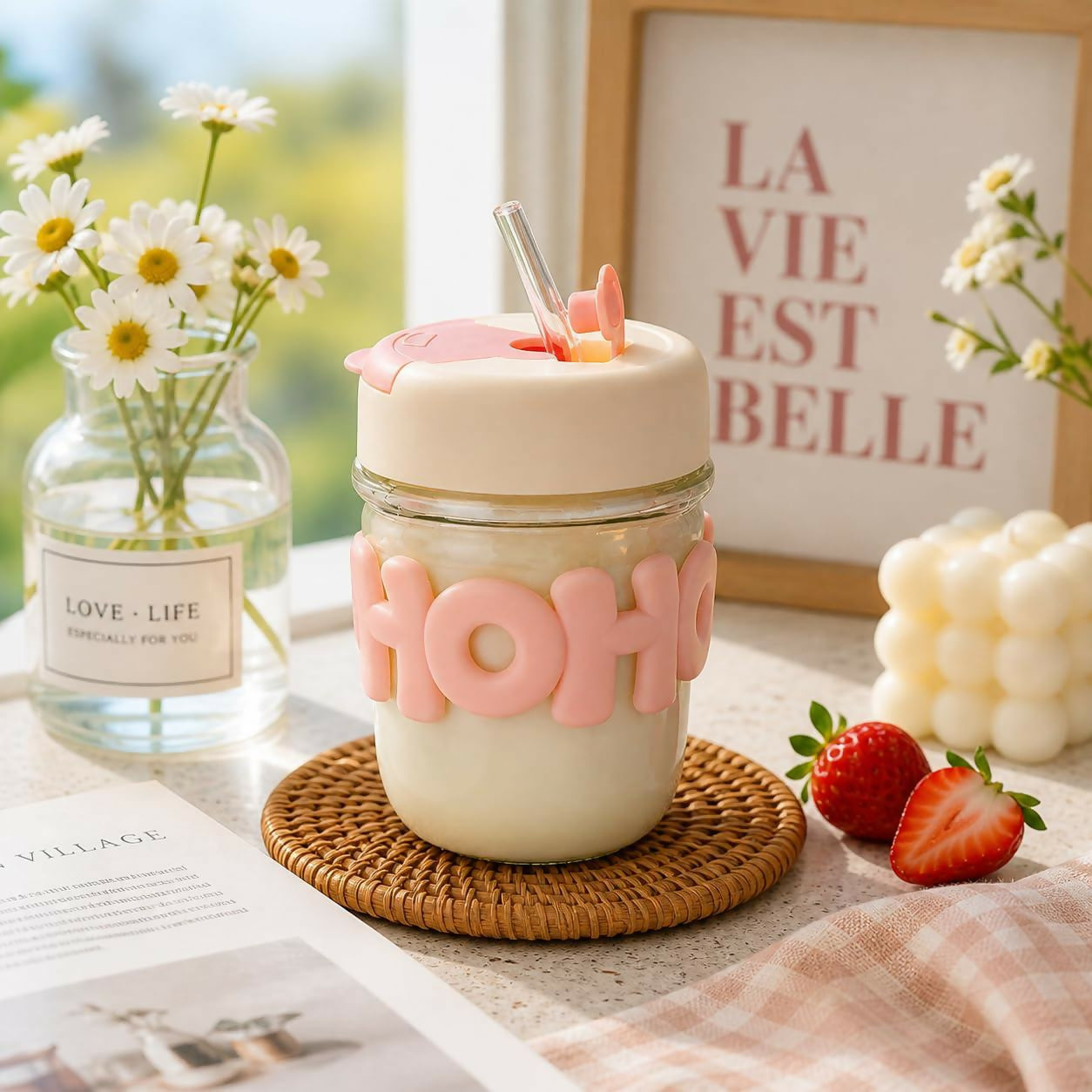 Pastel Pink Glass Milk Jar – Leakproof Lid & Reusable Straw for Stylish Sips