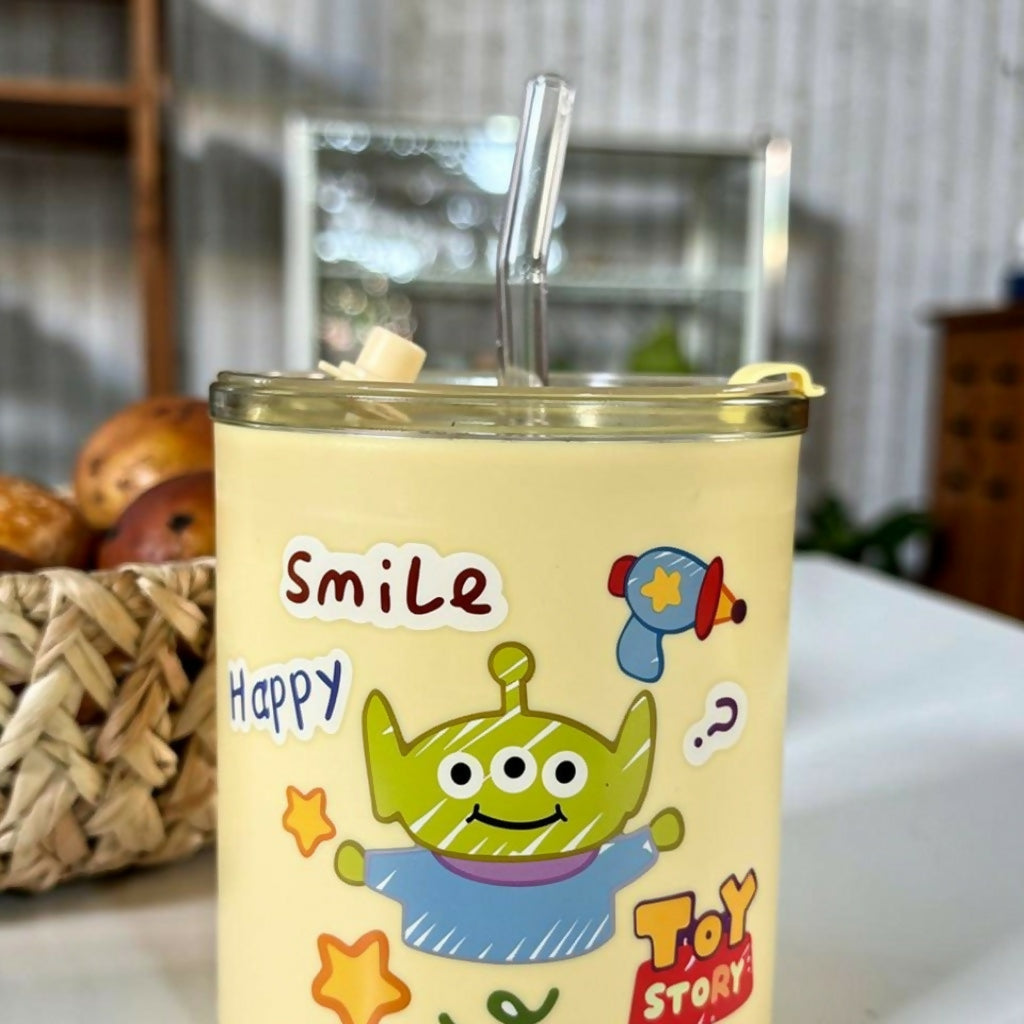 Cartoon Glass Tumbler – Cute Printed Drinking Cup with Straw