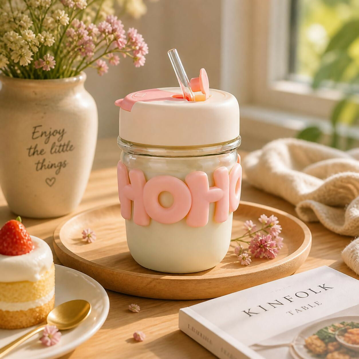 Pastel Pink Glass Milk Jar – Leakproof Lid & Reusable Straw for Stylish Sips