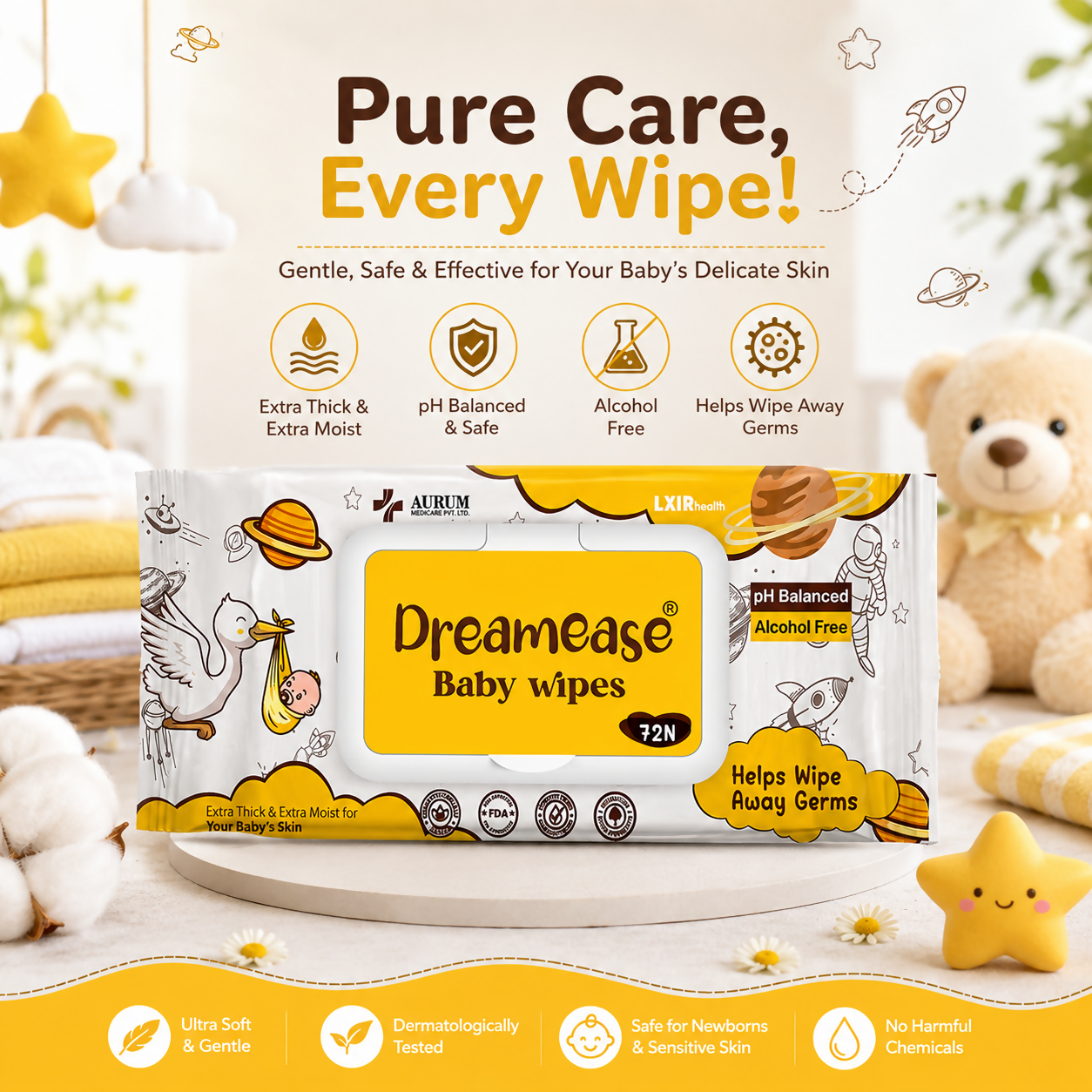 Dreamease Baby Wipes for Newborns | Extra Thick & Moist, pH Balanced, Alcohol-Free