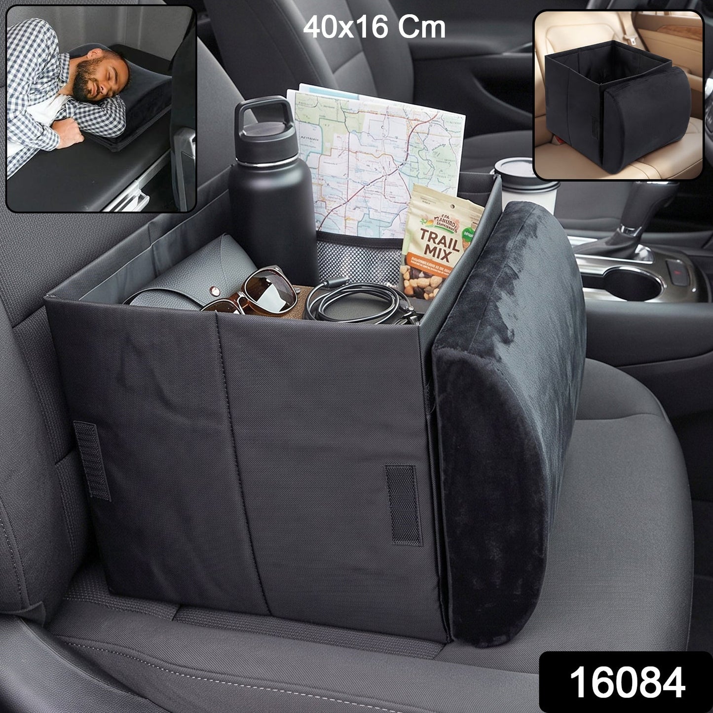 Foldable Car Organizer Box, Front Seat Storage with Fold-Out Armrest Cushion (1 Pc)