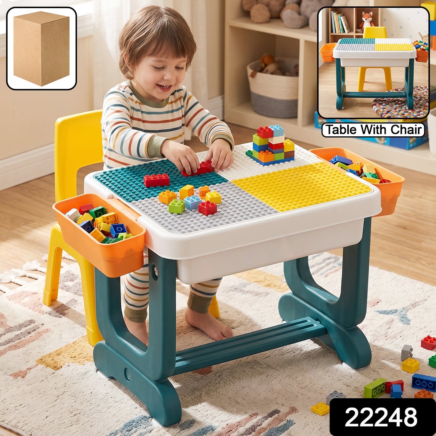 Kids Building Block Activity Table and Chair Set with Storage Bins, STUDY TABLE (2 Pc Set)
