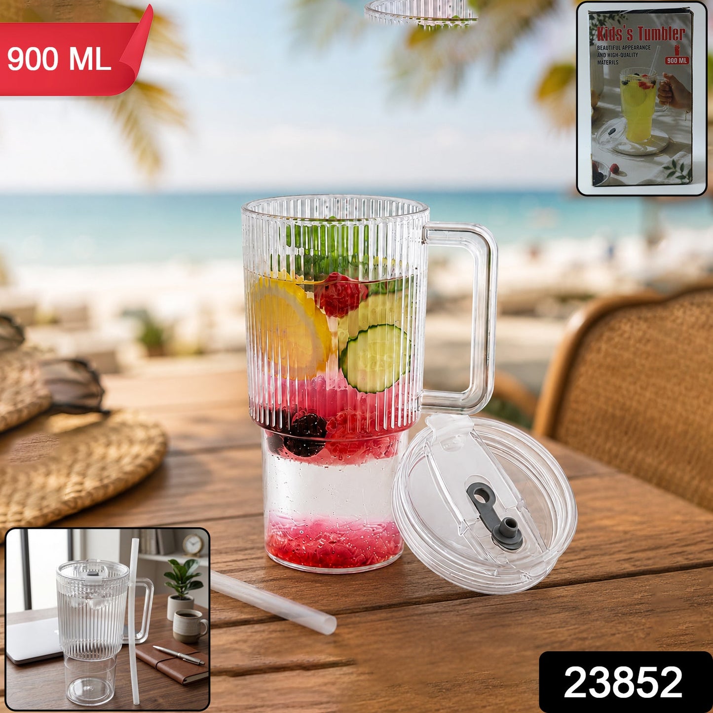 Kids Tumbler 900ml with Handle Lid and Straw Ribbed Water Sipper Cu...